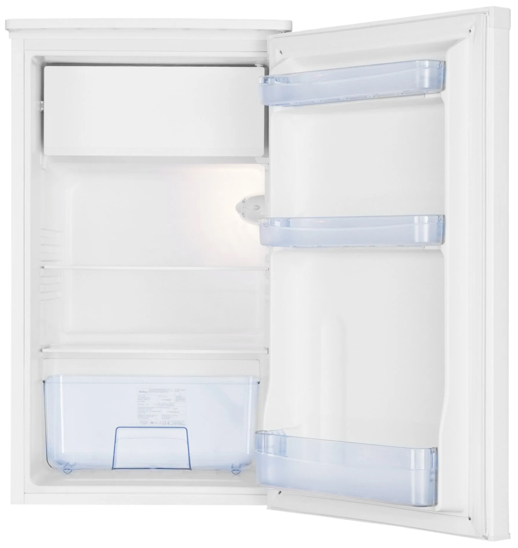 Pokazano otwartą białą lodówkę z półkami i szufladami.