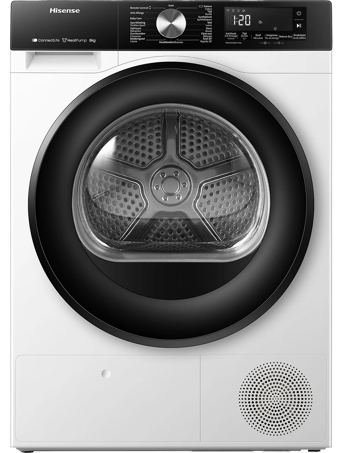 Fehér Hisense HeatPump szárítógép, fekete ajtóval és a tetején lévő vezérlőpanellel. Fehér háttér.