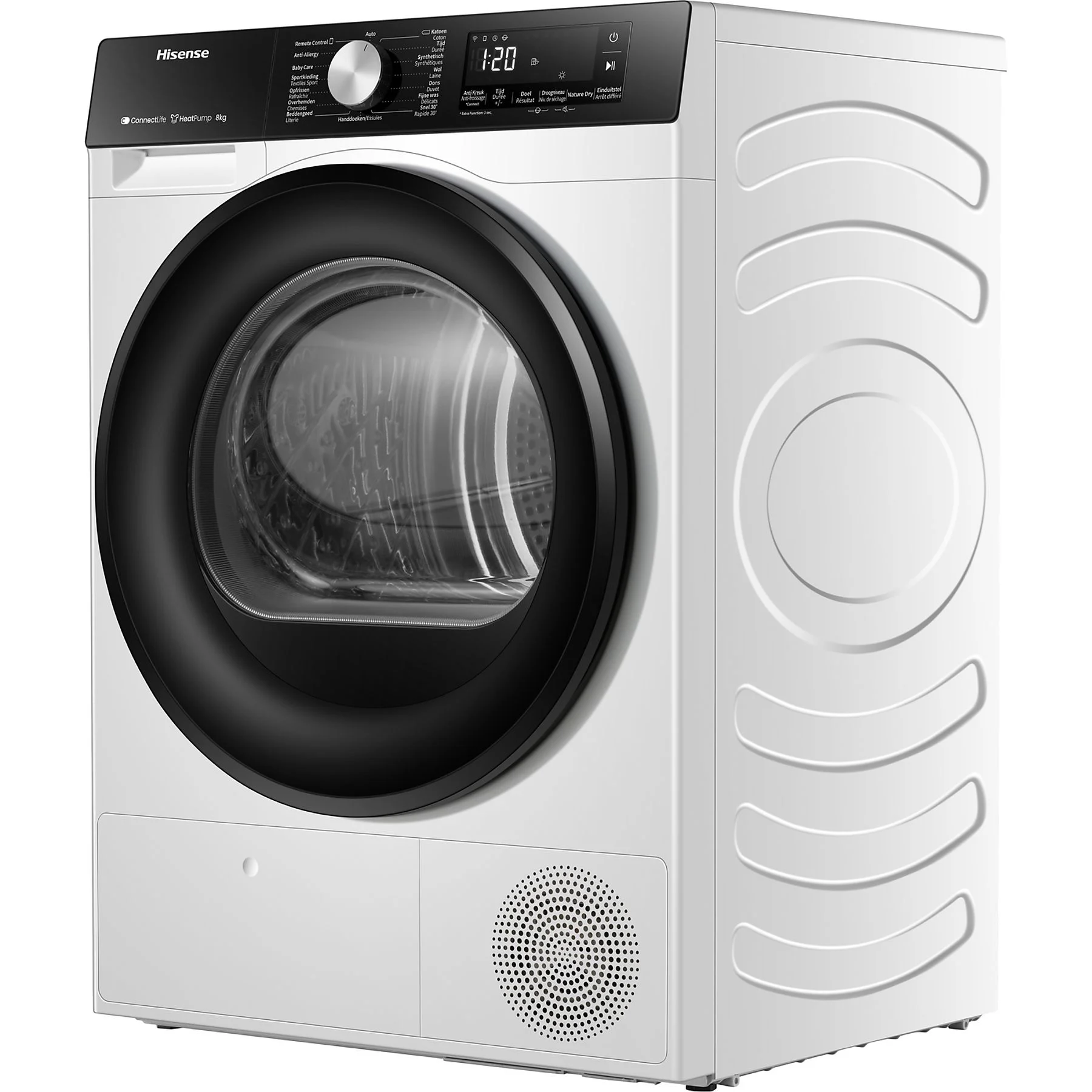 Fehér Hisense szárító fekete ajtóval. Jobb felül vezérlőpanel.