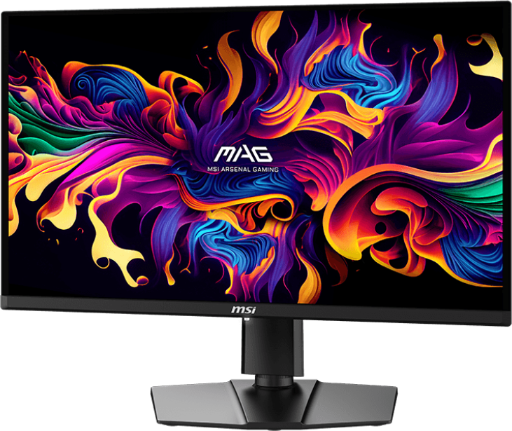 Moniteur de jeu MSI MAG. Design abstrait coloré sur l'écran. Cadre et support noirs. Logo MSI visible.