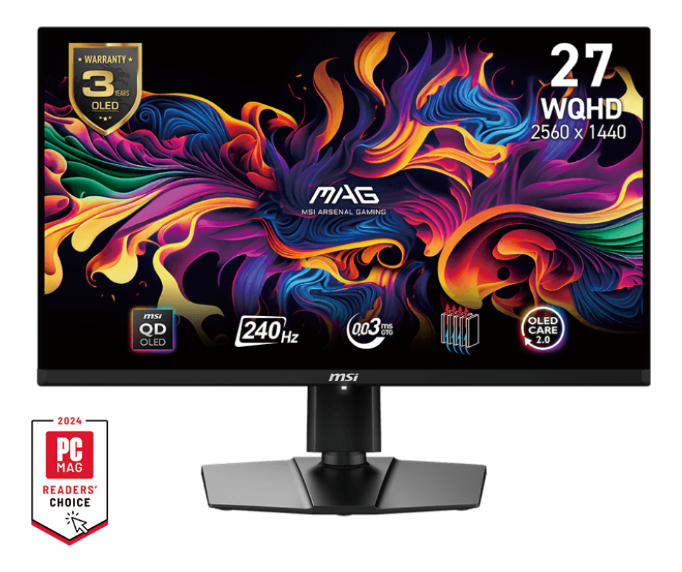 Moniteur de jeu OLED MSI 27 pouces avec graphique coloré à l'écran.