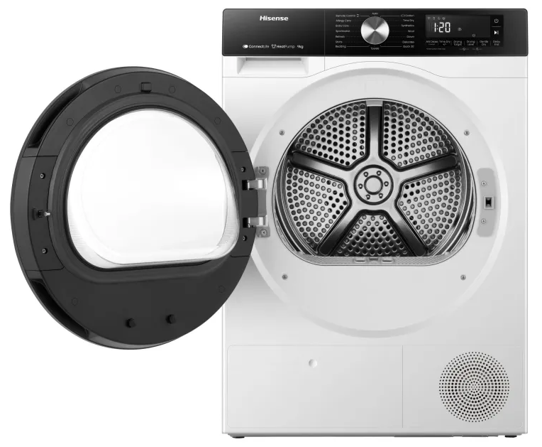 Egy fehér Hisense szárító nyitott ajtóval, a dobot és a vezérlőpanelt mutatva.