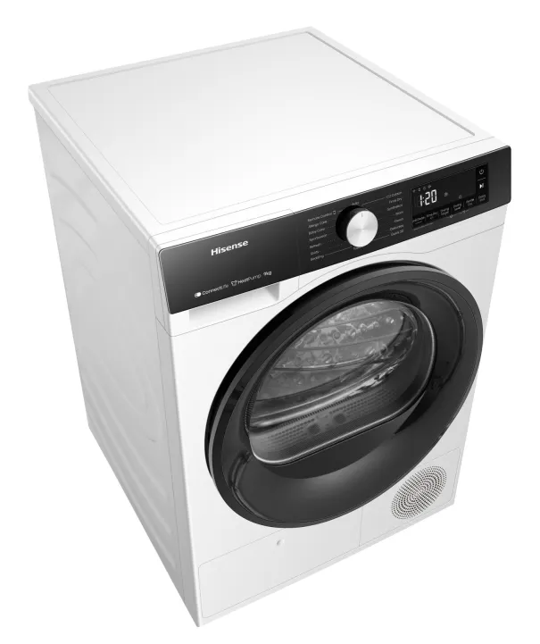 Fehér Hisense szárító felülről. Fekete ajtó, kezelőpanel kijelzővel.