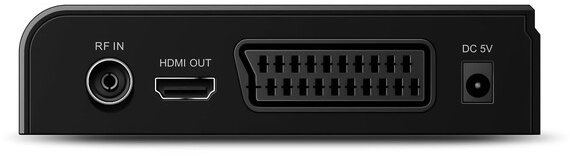Fekete elektronikus eszköz hátulja RF IN, HDMI OUT és SCART csatlakozókkal. DC 5V port.
