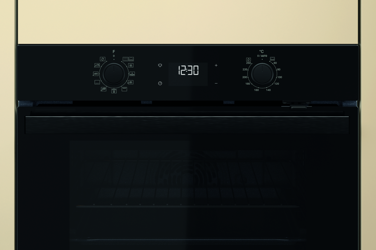 Un panel de control del horno. Muestra la hora como 12:30, controles de temperatura y otros ajustes.