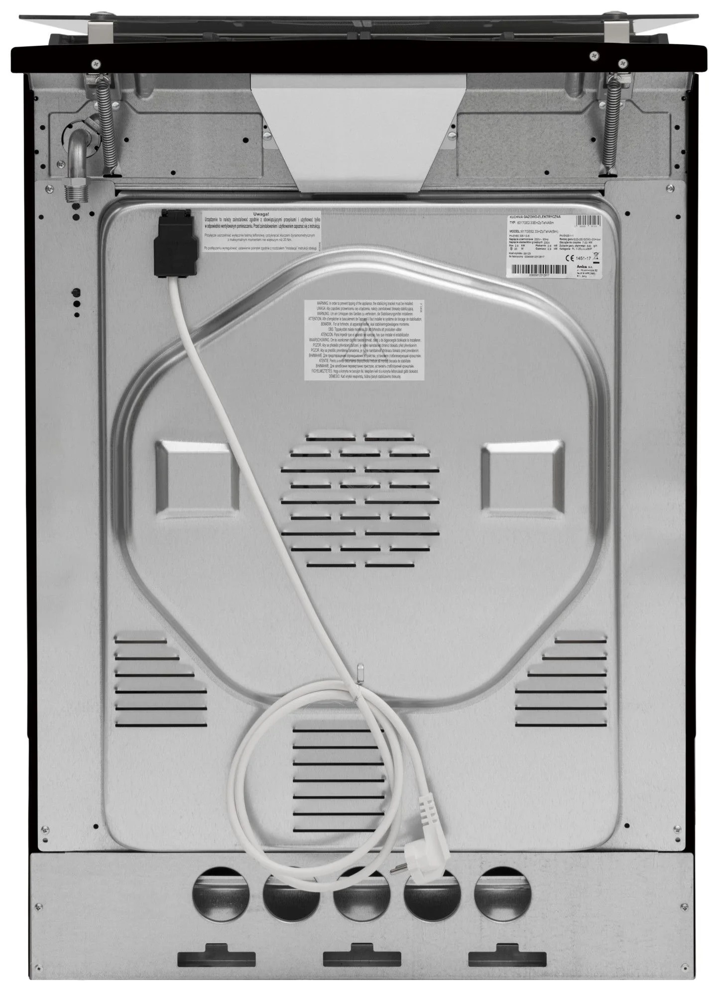 Tył kuchenki z widocznymi przewodami i elementami. Metaliczny srebrny kolor.