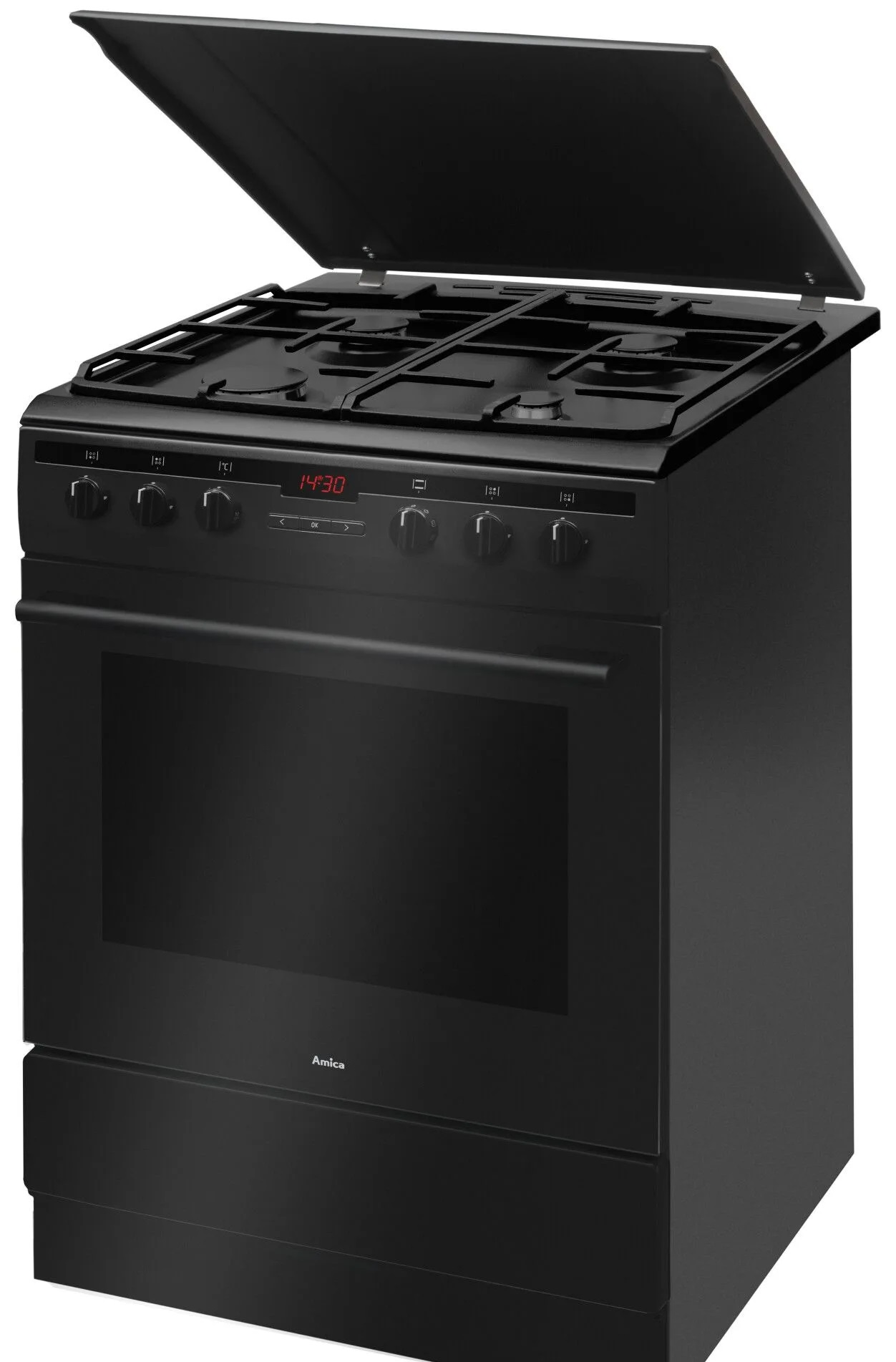 Czarna kuchenka gazowa Amica z piekarnikiem, zamkniętymi drzwiami i otwartą pokrywą. Wyświetla 14:30.