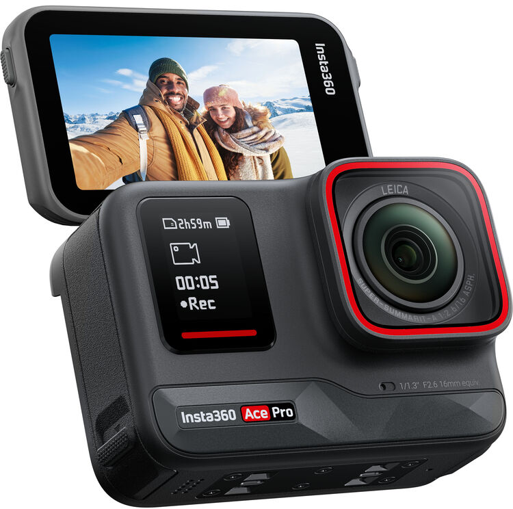 Egy akciókamera, amely a képernyőjén egy szelfit mutat. Leica objektívvel és gombokkal rendelkezik.