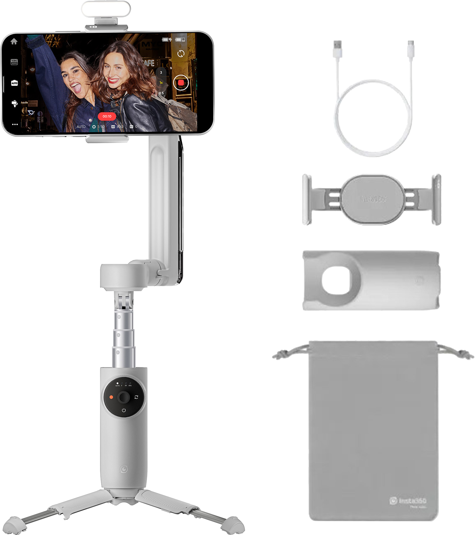 Fehér gimbal és tartozékok: telefontartó, töltőkábel, tok.