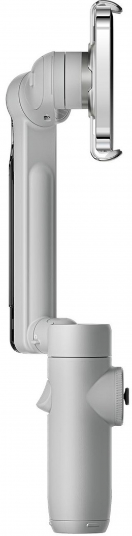 Fehér és szürke telefon stabilizátor. A telefon felülre van szerelve, fogantyúval. A stabilizátor szögben áll.