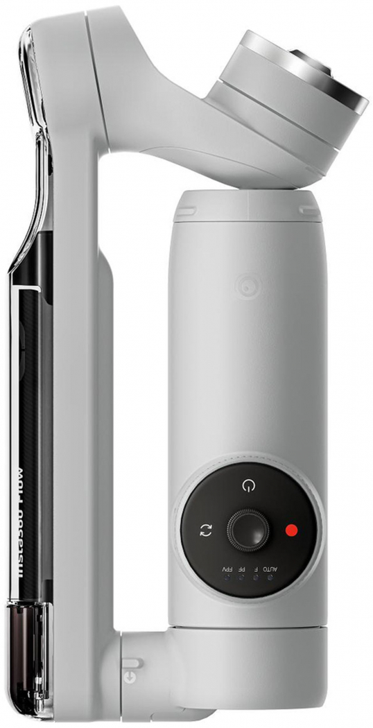 Kézi gimbal stabilizátor szürkében, telefonnal. Fekete és piros gombok.
