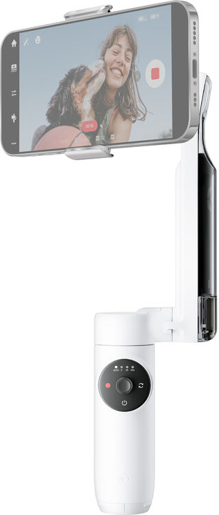 Fehér telefonstabilizátor, a telefon szelfit mutat, fekete fogantyú.