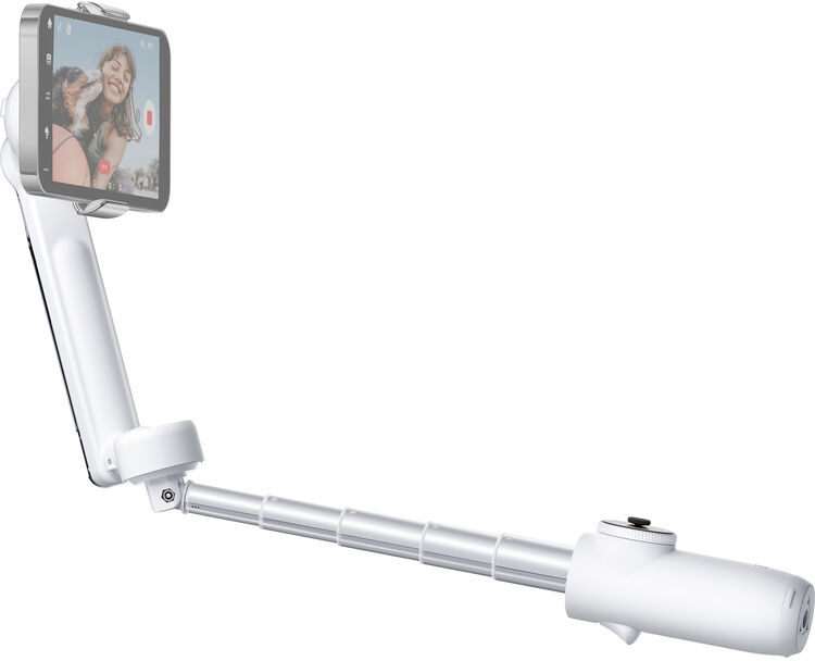 Fehér selfie bot egy telefonnal. A telefon egy fotózó személyt mutat. Szögletes nézet.
