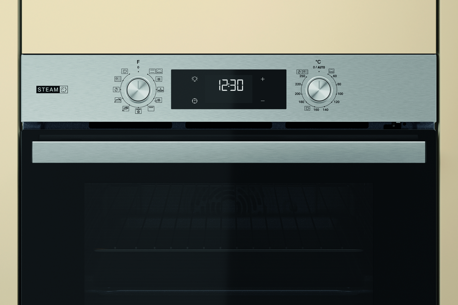 Panel de control de horno de acero inoxidable con pantalla digital 12:30.