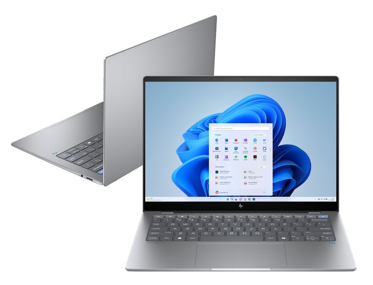 Dwa srebrne laptopy, jeden otwarty z ekranem Windows, drugi zamknięty.