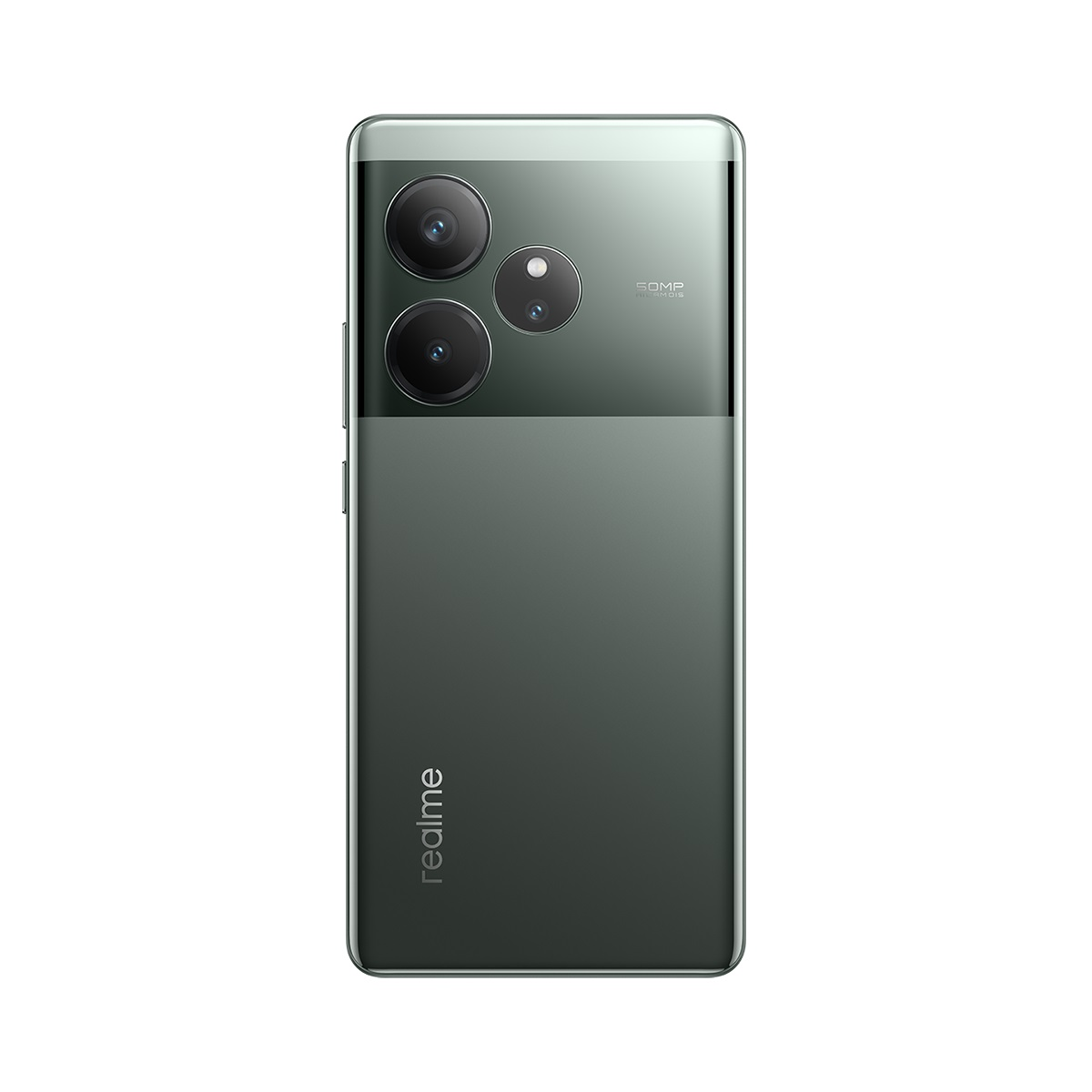 Realme telefon, üç kameralı yeşil arka kısım. Realme logosu görünür.