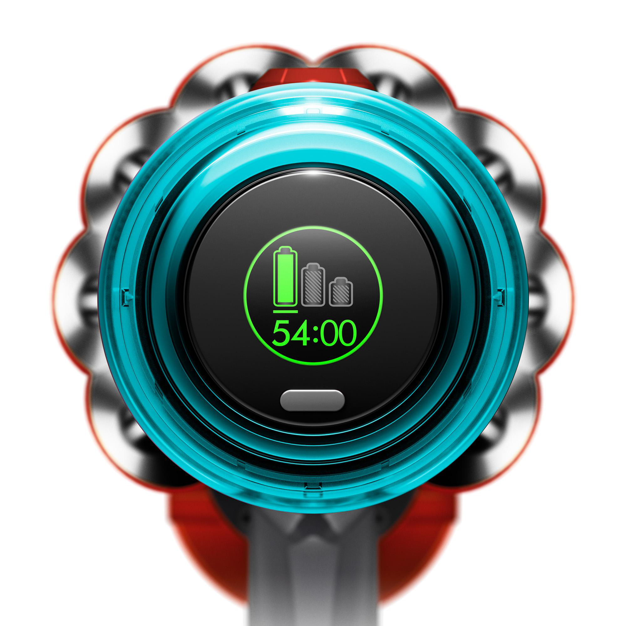 Nahaufnahme eines Staubsaugerdisplays. Der Bildschirm ist blaugrün und zeigt den Akkustand und die verbleibende Zeit.