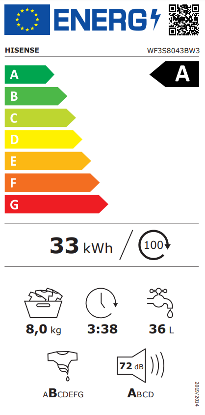Energia címke mosógép részleteivel, energiahatékonysági besorolással.