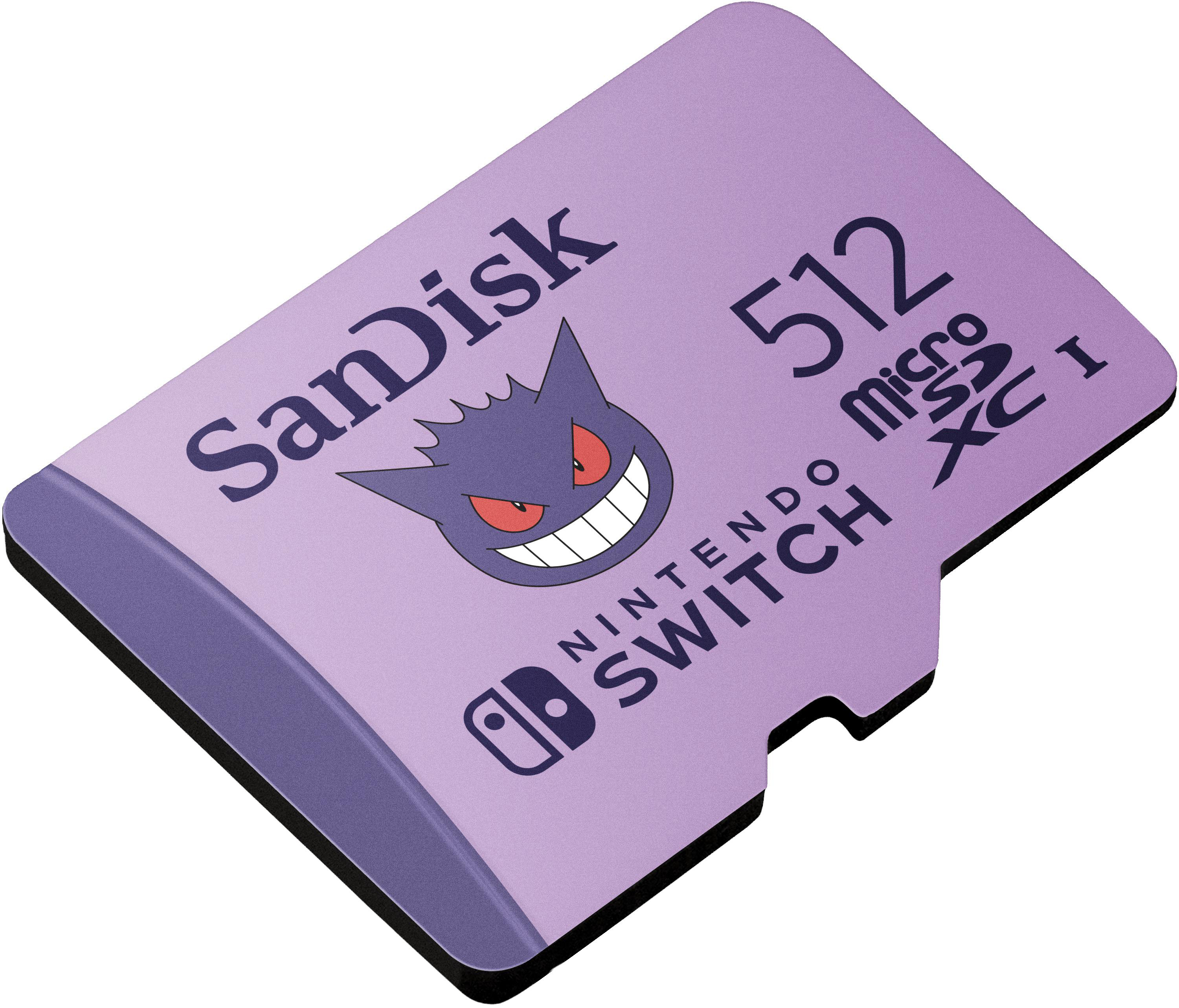 Lila Nintendo Switch microSD-Karte mit Gengar-Bild und Sandisk-Logo.