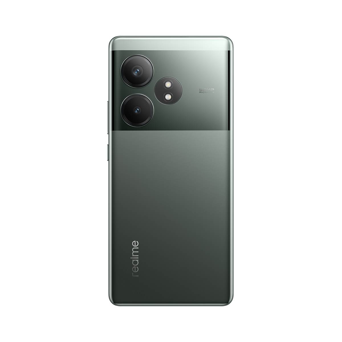 İki arka kameraya ve yeşil renk düzenine sahip bir akıllı telefon, altta realme logosuyla.