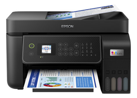 Drukarka Epson pokazująca zadanie drukowania, zbiorniki z tuszem i przyciski panelu.