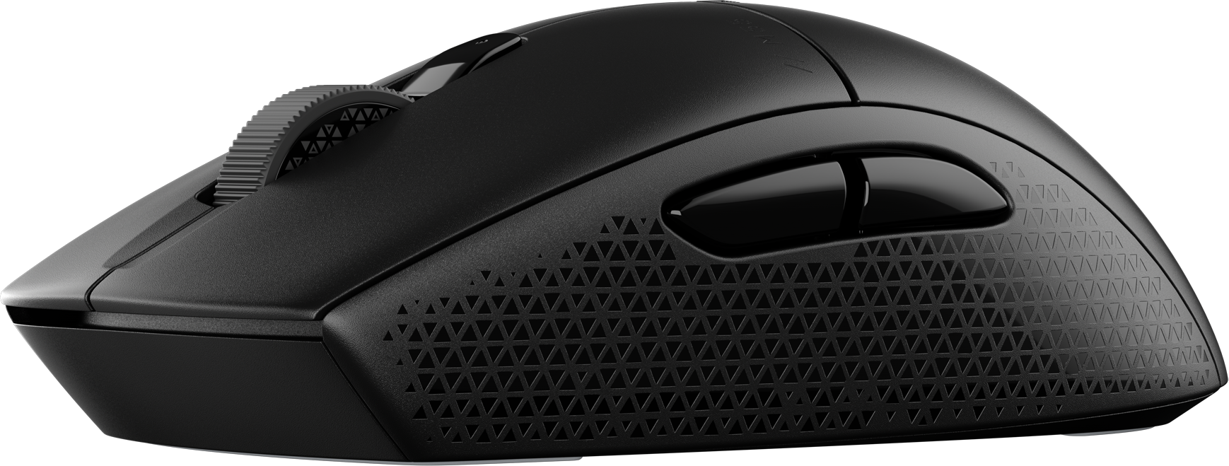 Schwarze Gaming-Maus mit strukturierter Seite und Scrollrad.