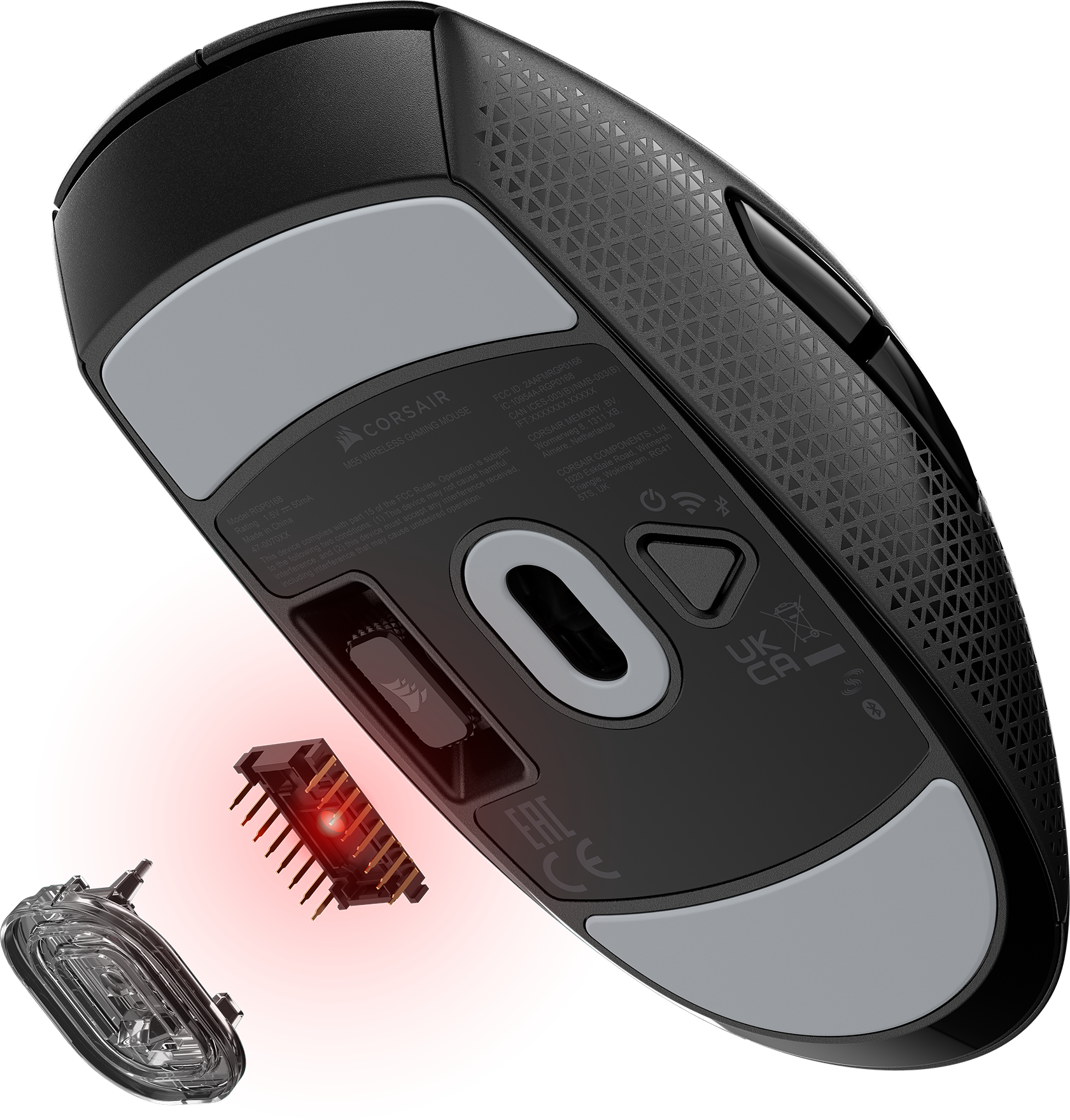 Unteransicht einer schwarz-grauen drahtlosen Gaming-Maus mit Komponenten.