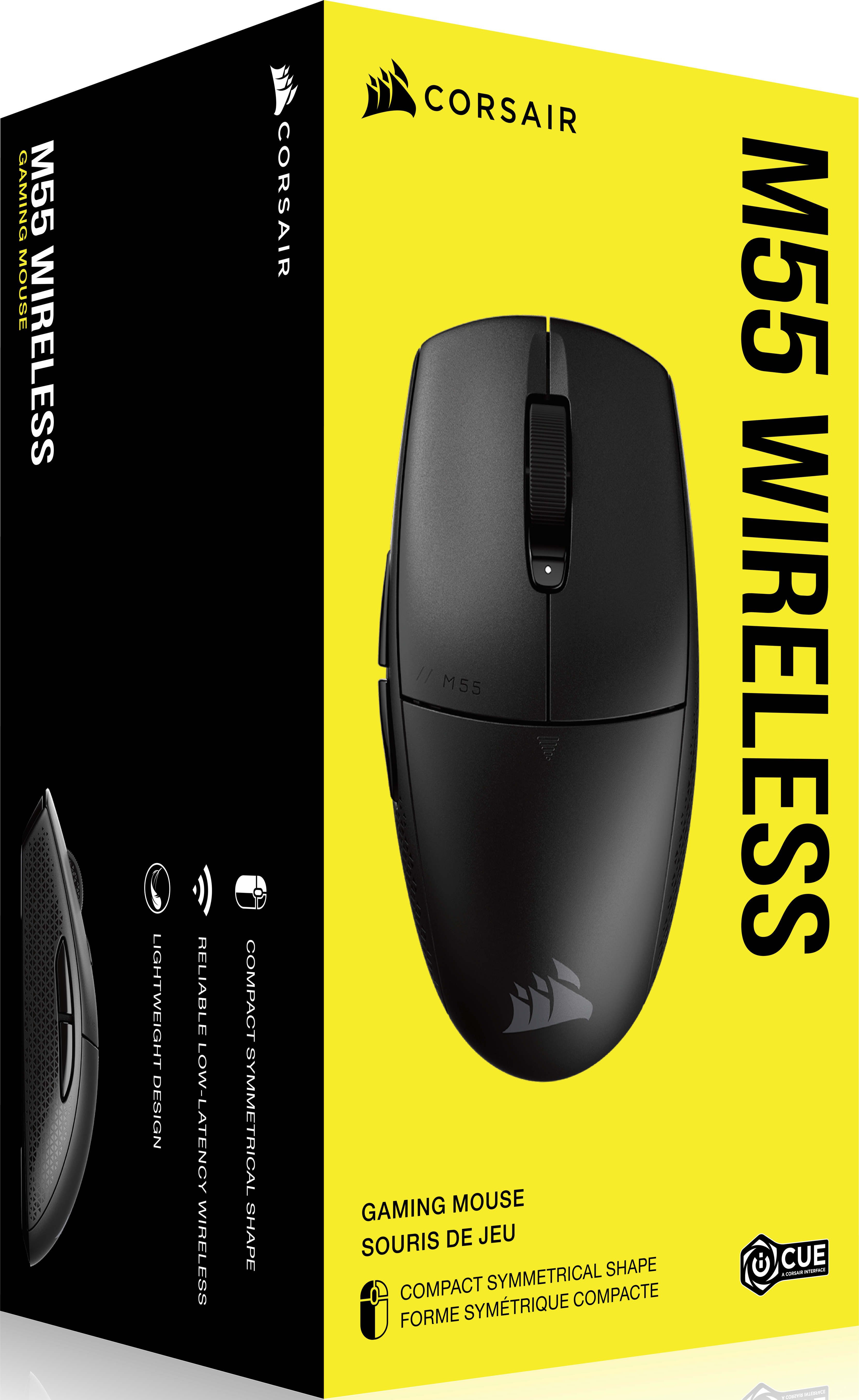 Eine schwarz-gelbe Schachtel einer Corsair M55 Wireless Gaming-Maus.