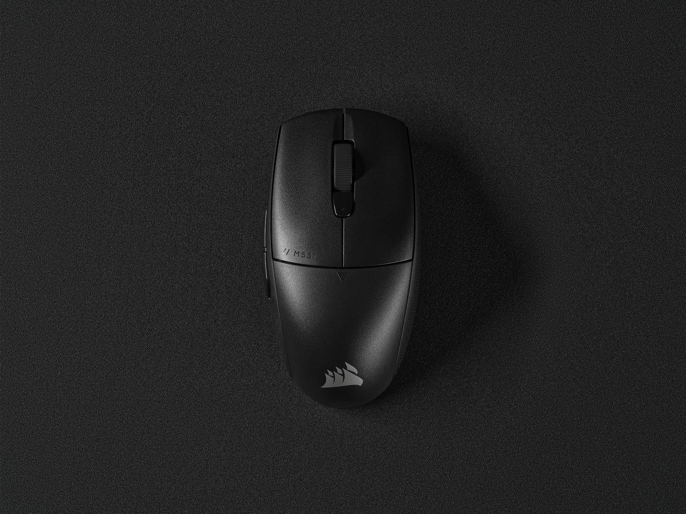 Draufsicht auf eine schwarze Computermaus auf dunkler Oberfläche.