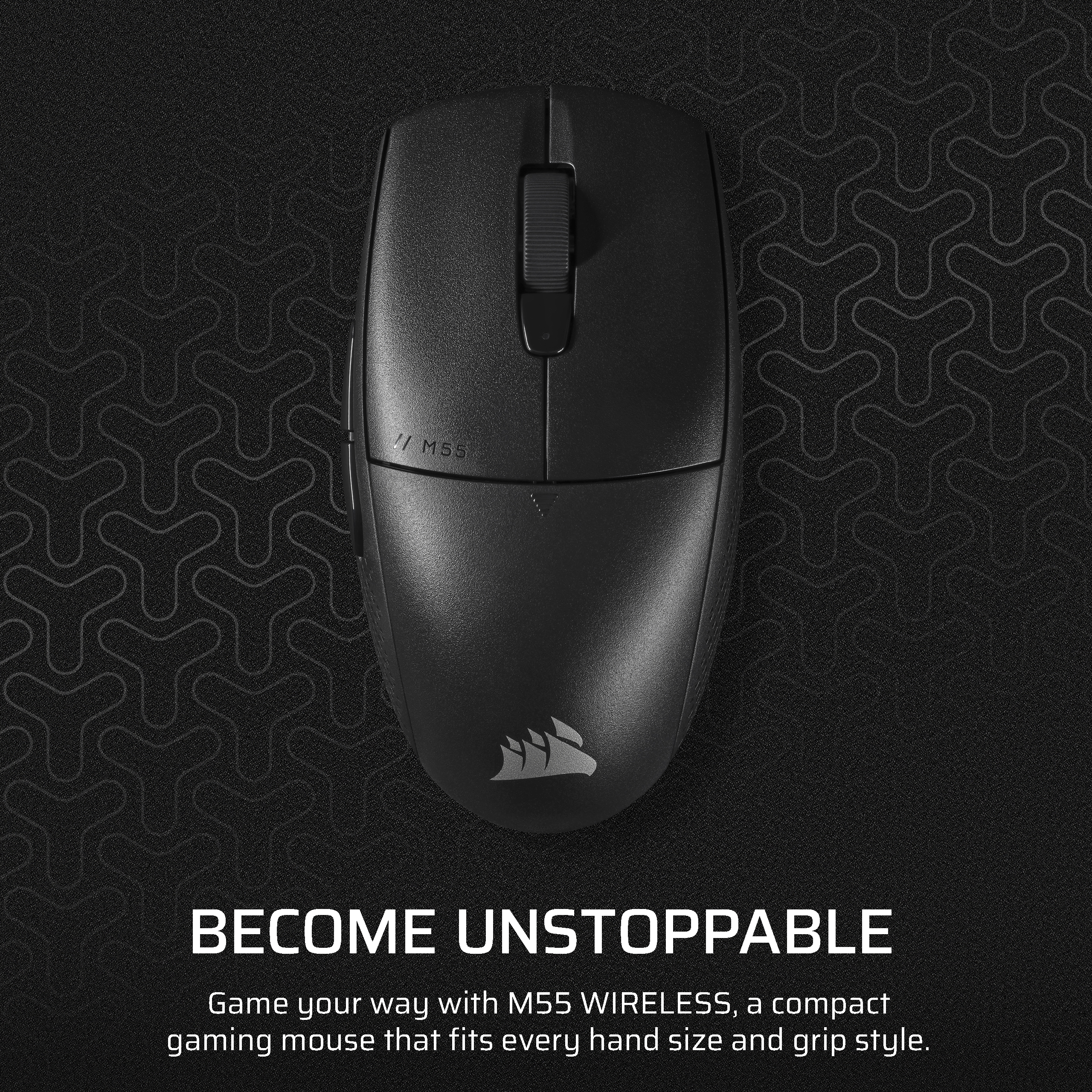 Schwarze Gaming-Maus auf schwarzer Oberfläche mit Muster. Corsair-Logo sichtbar.