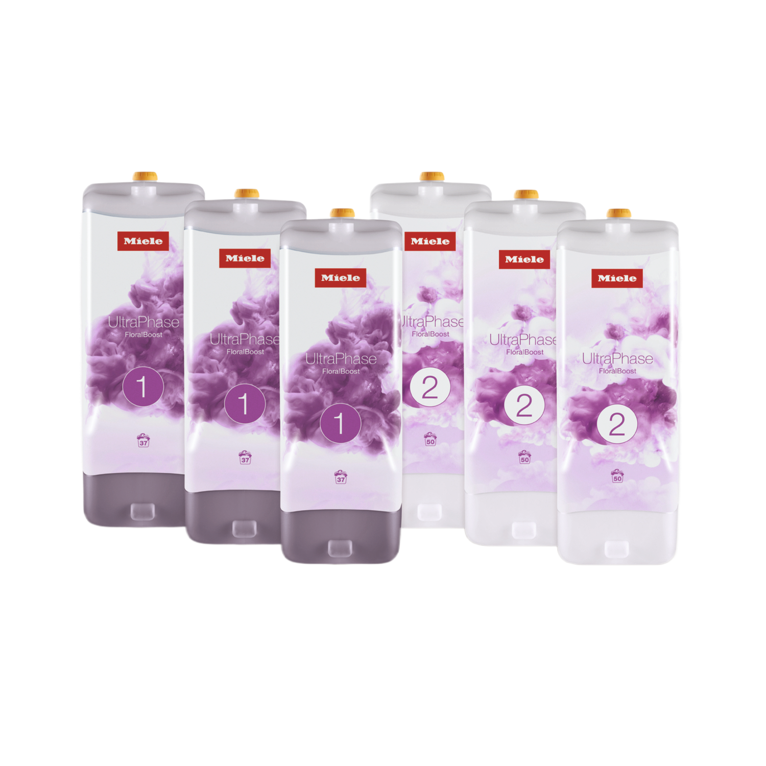 Six bouteilles de détergent blanches avec le logo Miele.