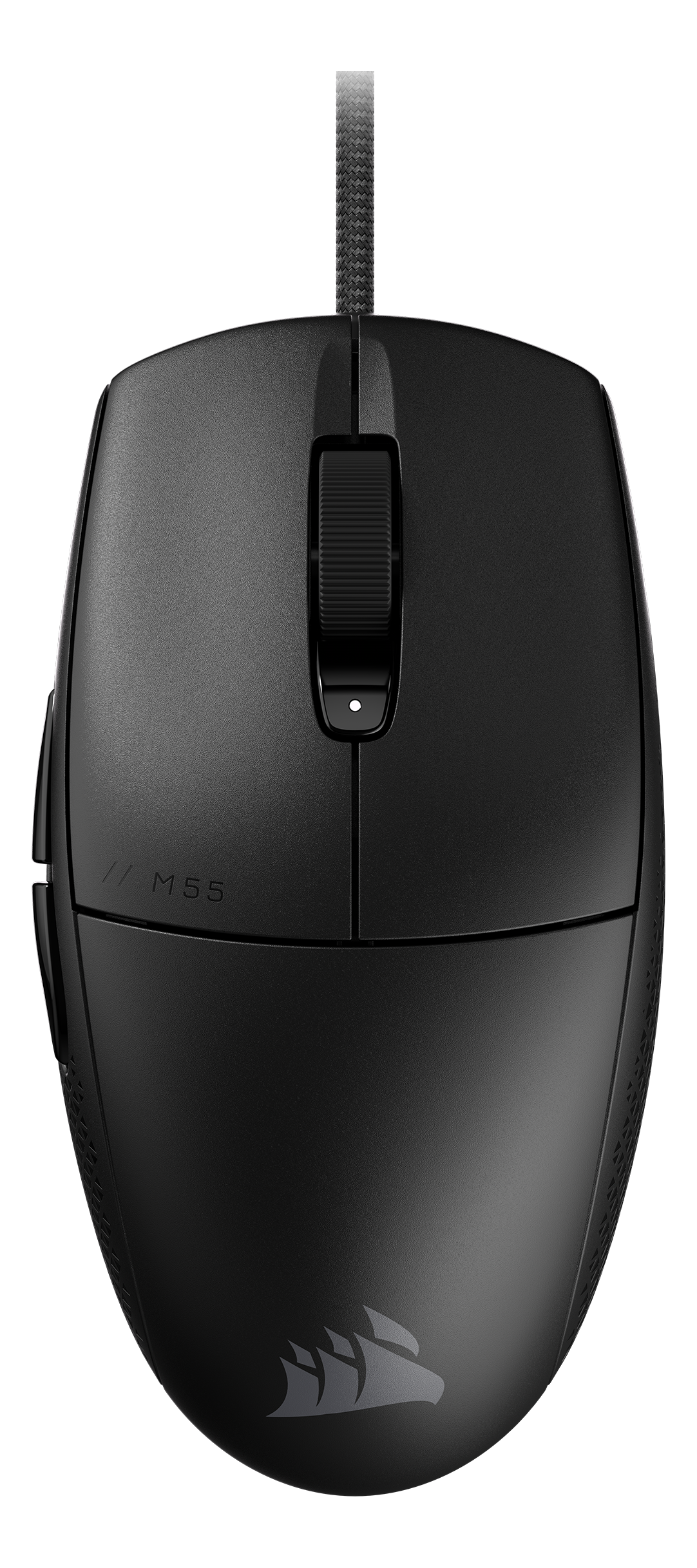 Schwarze Corsair M55 Gaming-Maus. Hat ein Scrollrad und zwei Seitentasten.