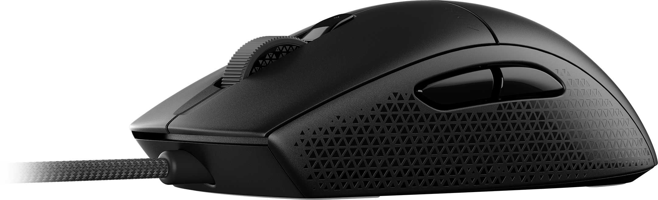 Schwarze Gaming-Maus. Sie hat ein Scrollrad und Seitentasten. Ein Kabel ist befestigt.