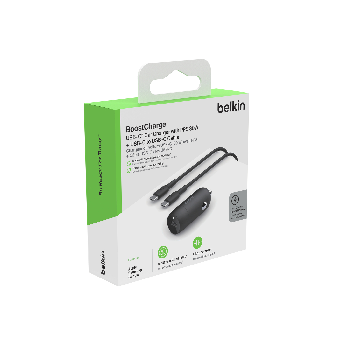 Boîte de chargeur de voiture USB-C Belkin BoostCharge avec câble USB-C vers USB-C, vert et blanc.