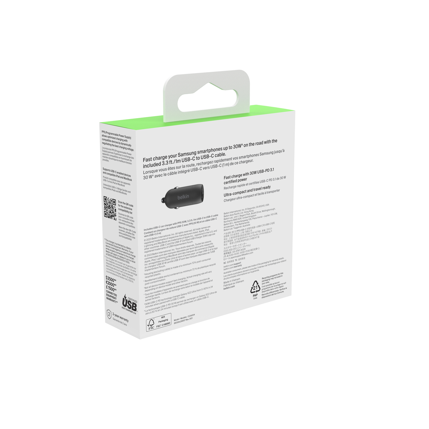 Boîte de chargeur USB-C Belkin blanche. Texte sur la charge rapide et l'USB-C. Inclut un code QR.