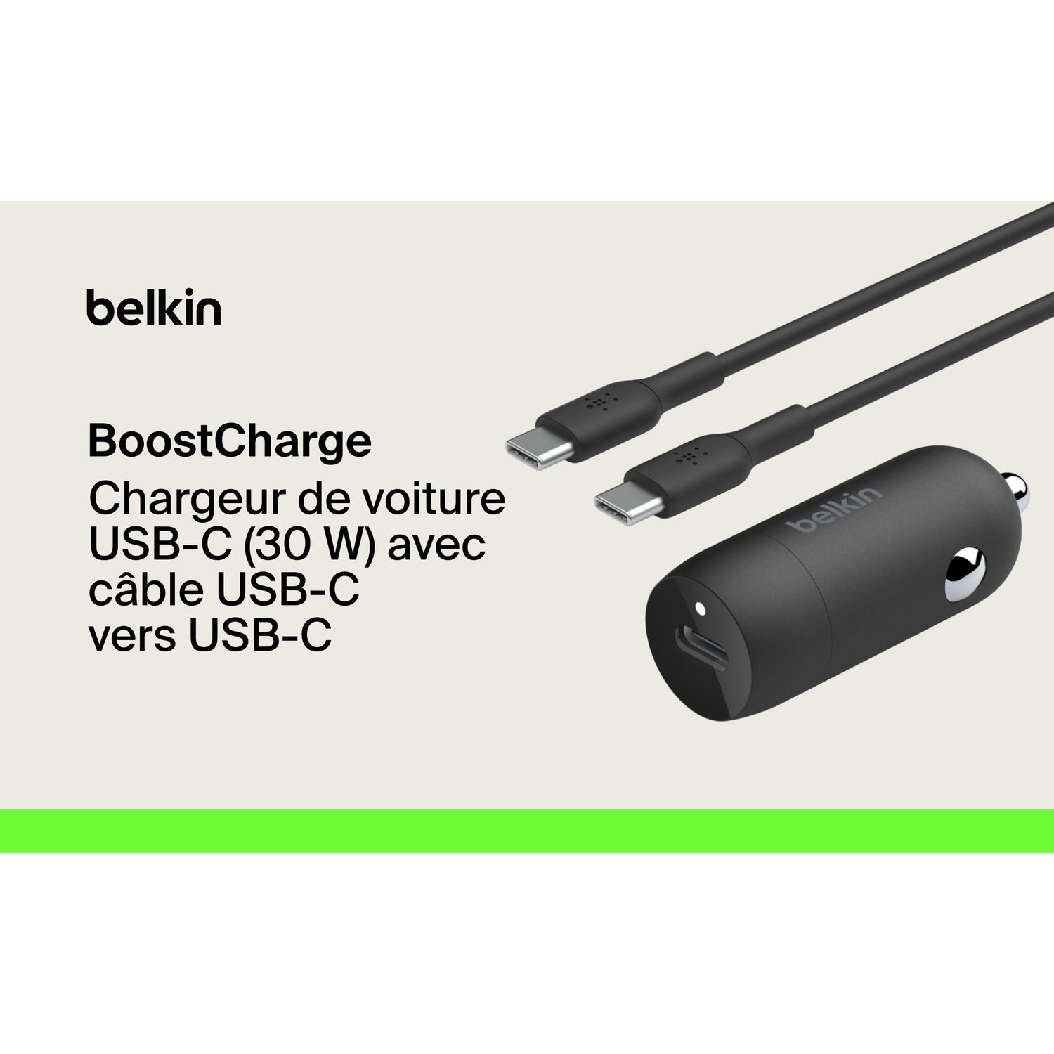Chargeur de voiture Belkin avec câble USB-C. Chargeur et câbles noirs sur fond blanc.
