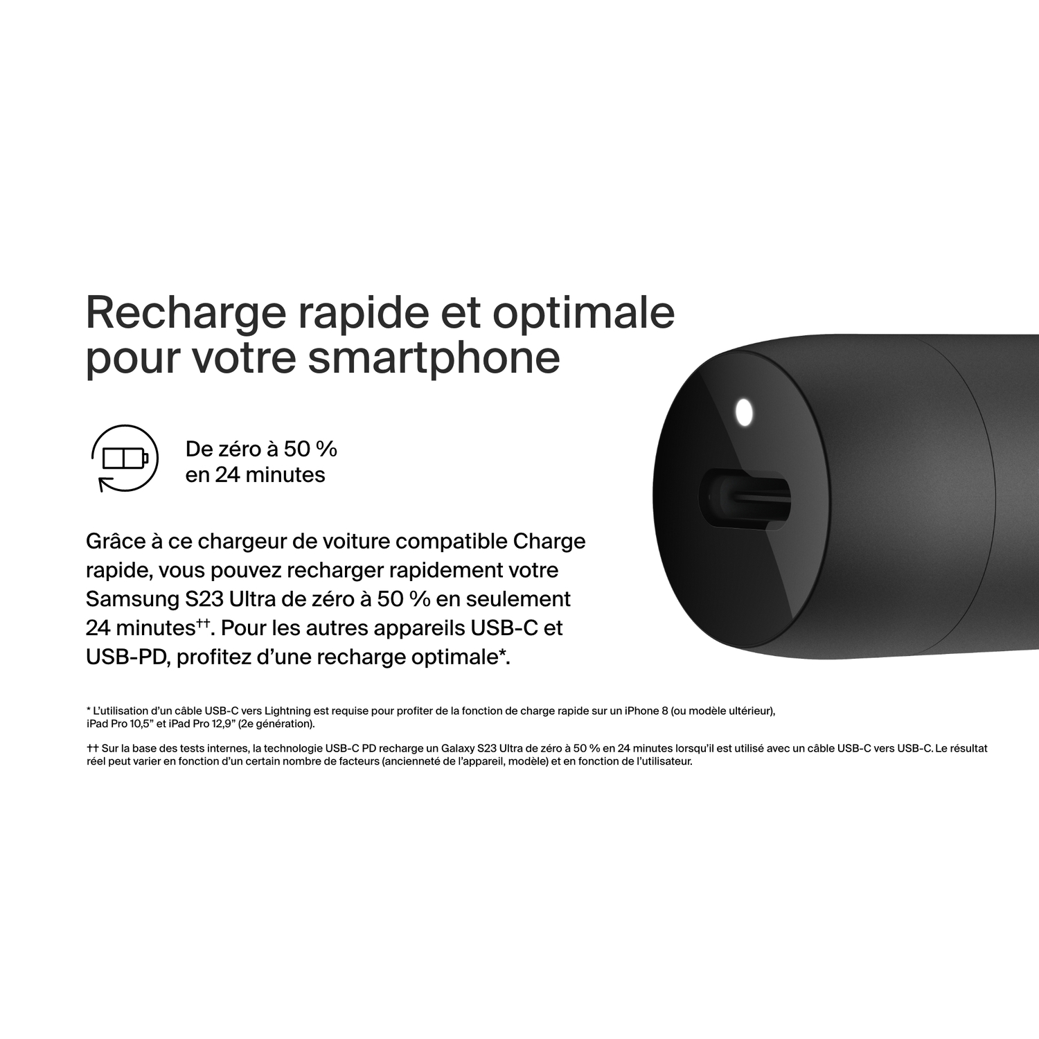 Image montre un chargeur noir avec texte sur la charge rapide et optimale.