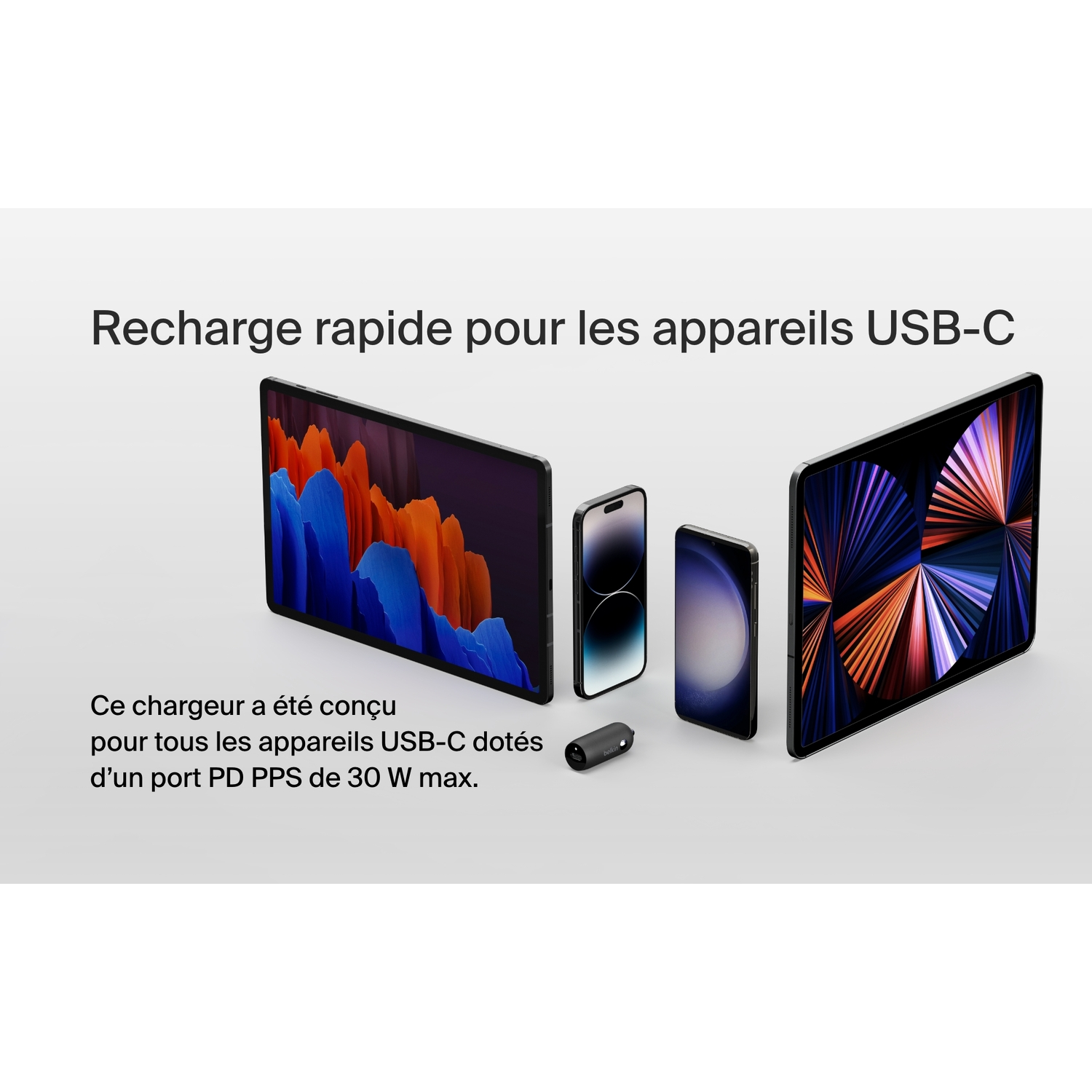 Image montrant plusieurs téléphones et tablettes avec le texte : Recharge rapide pour les appareils USB-C.