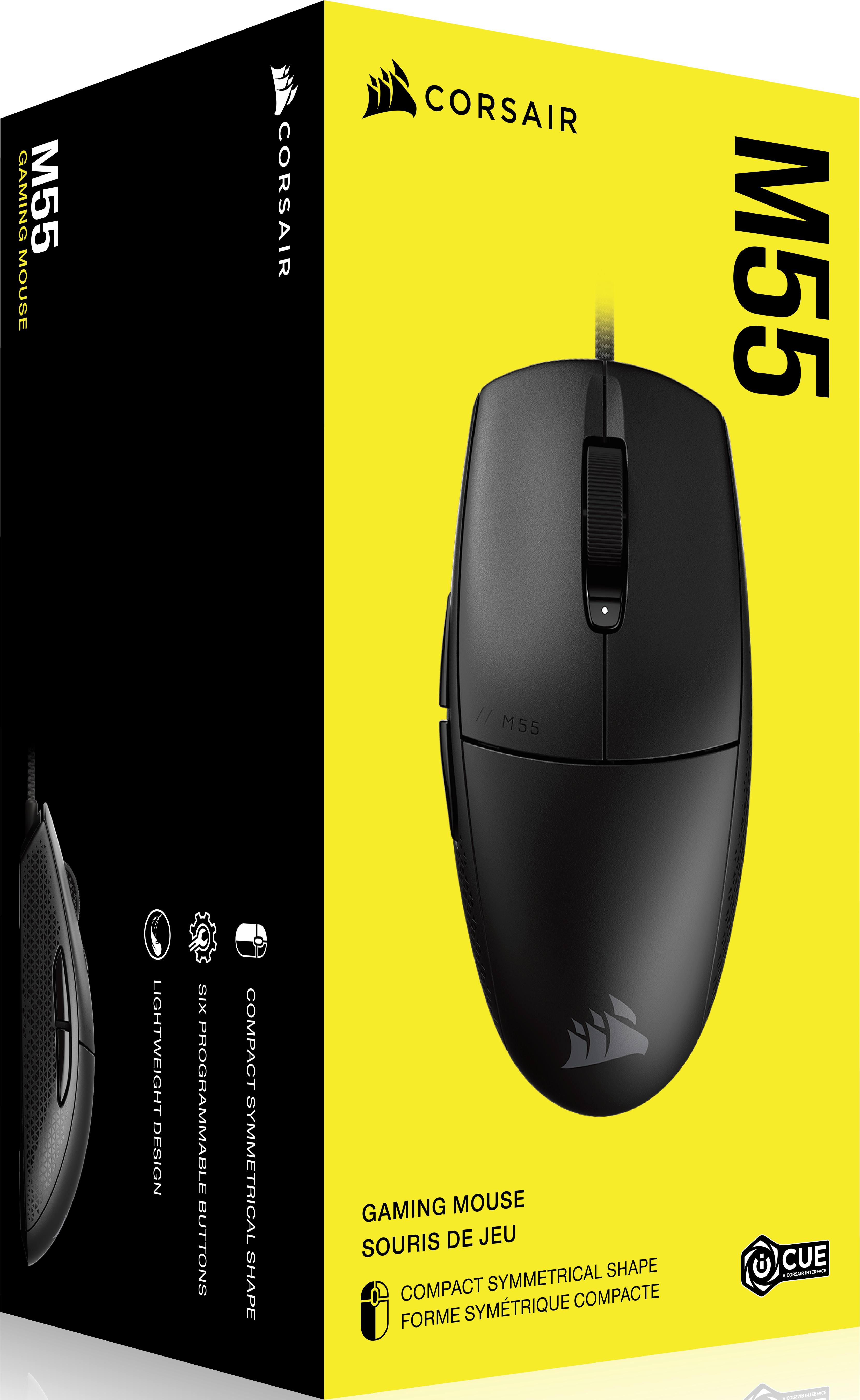 Eine schwarze Corsair Gaming-Maus mit einer Box, die Informationen darüber enthält.