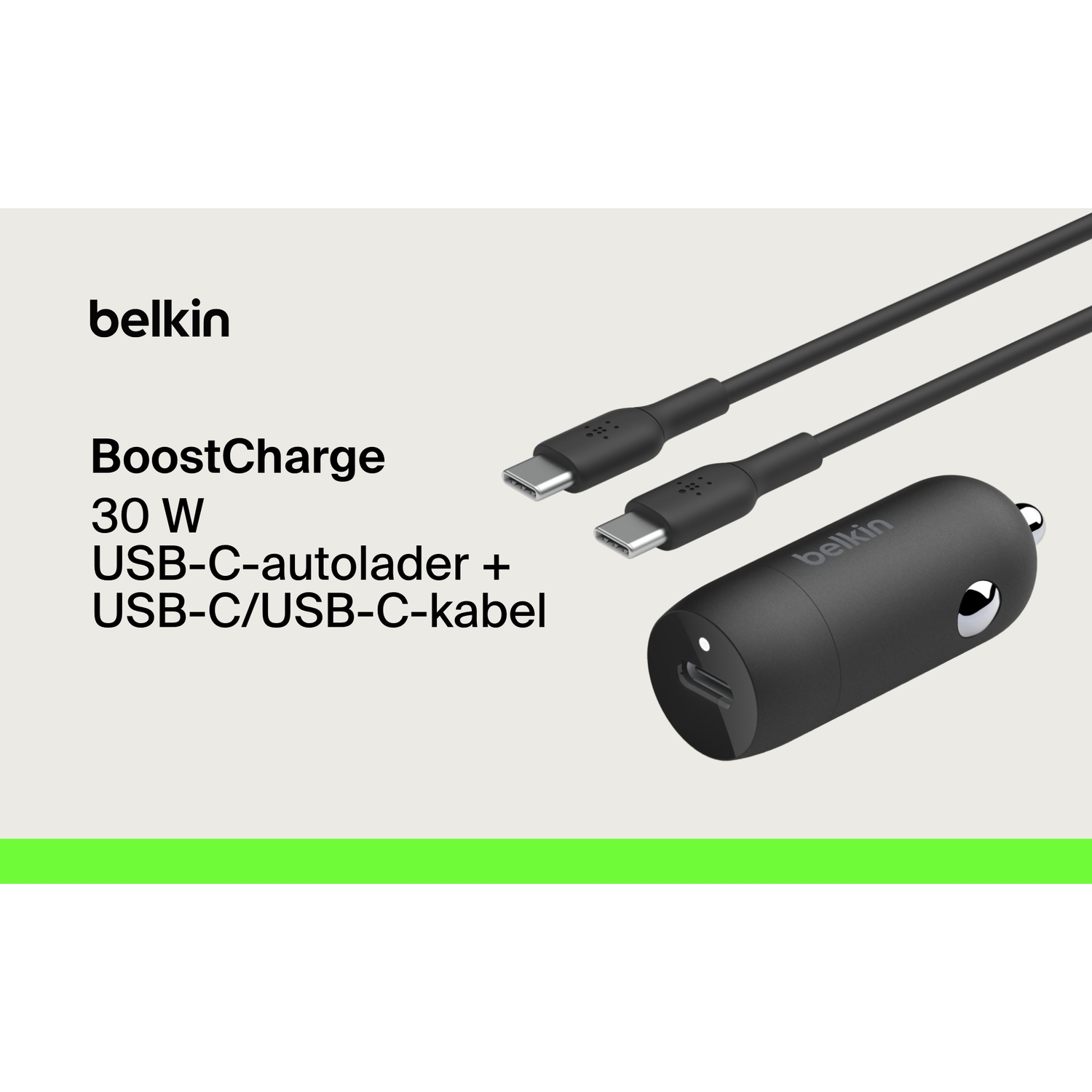 Belkin BoostCharge-autolader met USB-C-kabel en USB-C naar USB-C-kabel, allemaal zwart op een witte achtergrond.