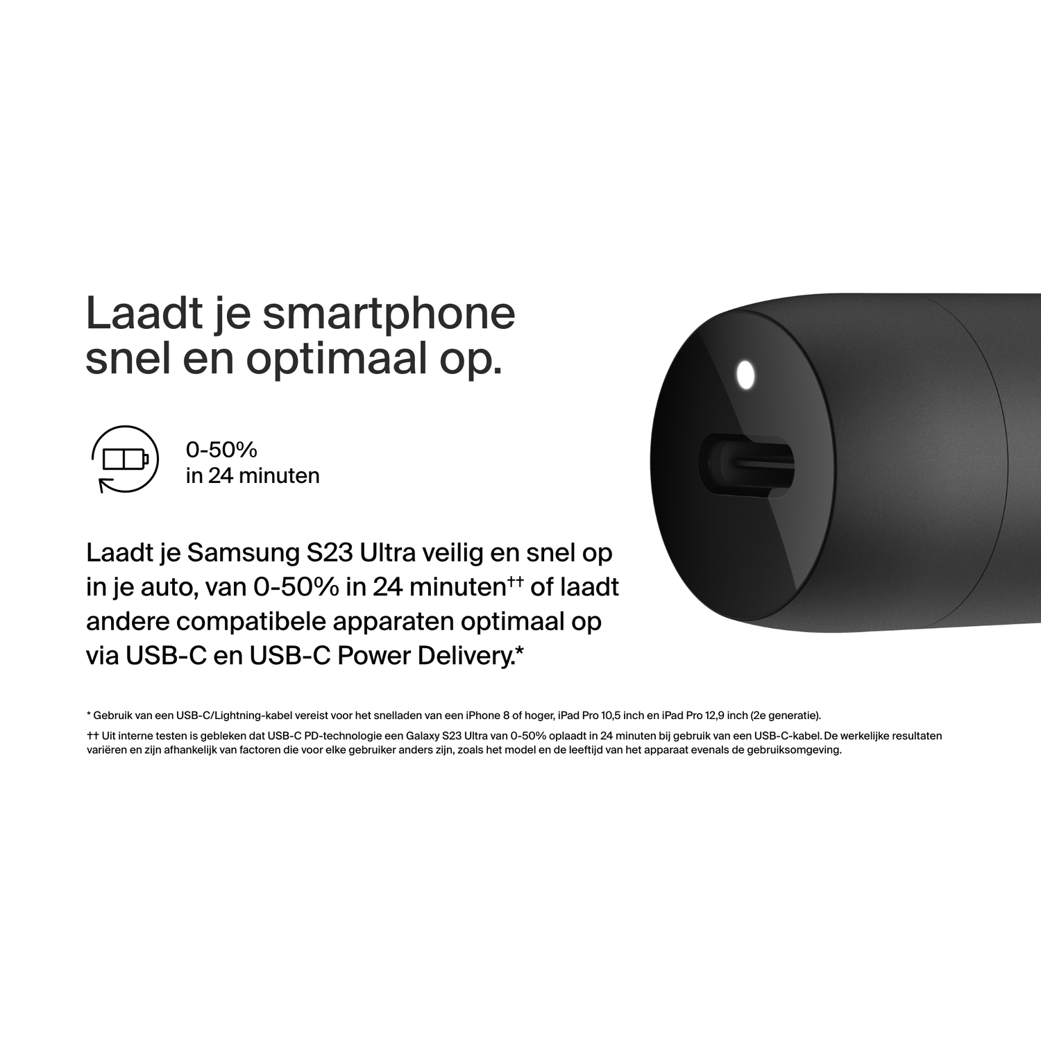 Zwarte oplader met een oplaadpoort. Tekst zegt dat het de Samsung S23 Ultra snel oplaadt.