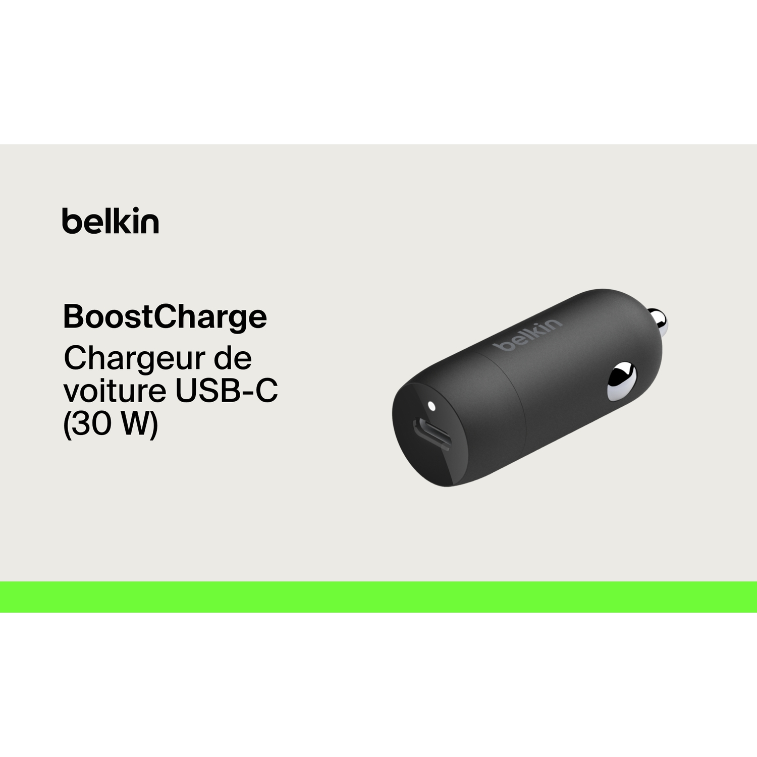 Chargeur de voiture Belkin noir. Texte : BoostCharge, 30W. Fond blanc.