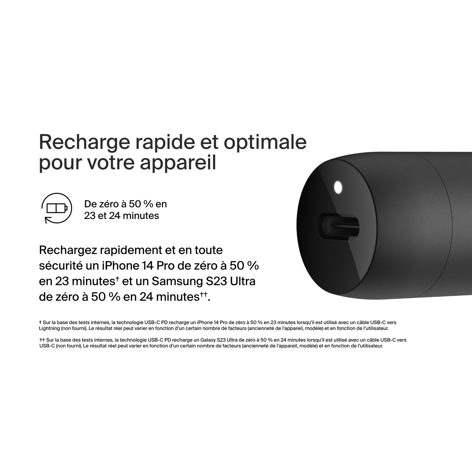 Un appareil noir avec une lumière blanche, avec du texte sur la charge rapide. Le fond est noir.