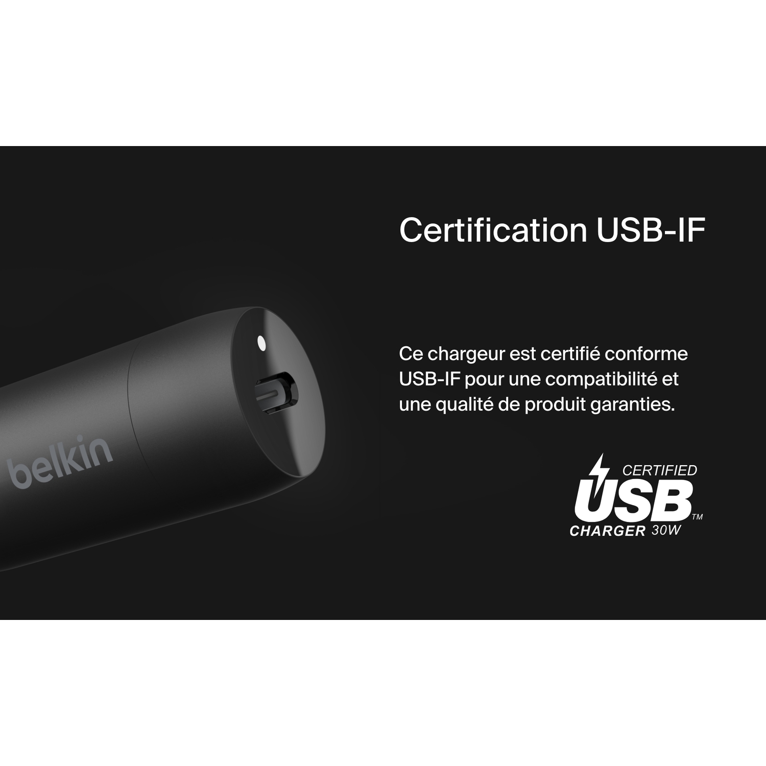 Chargeur USB noir avec texte, certifications et gros plan de l'extrémité de charge.