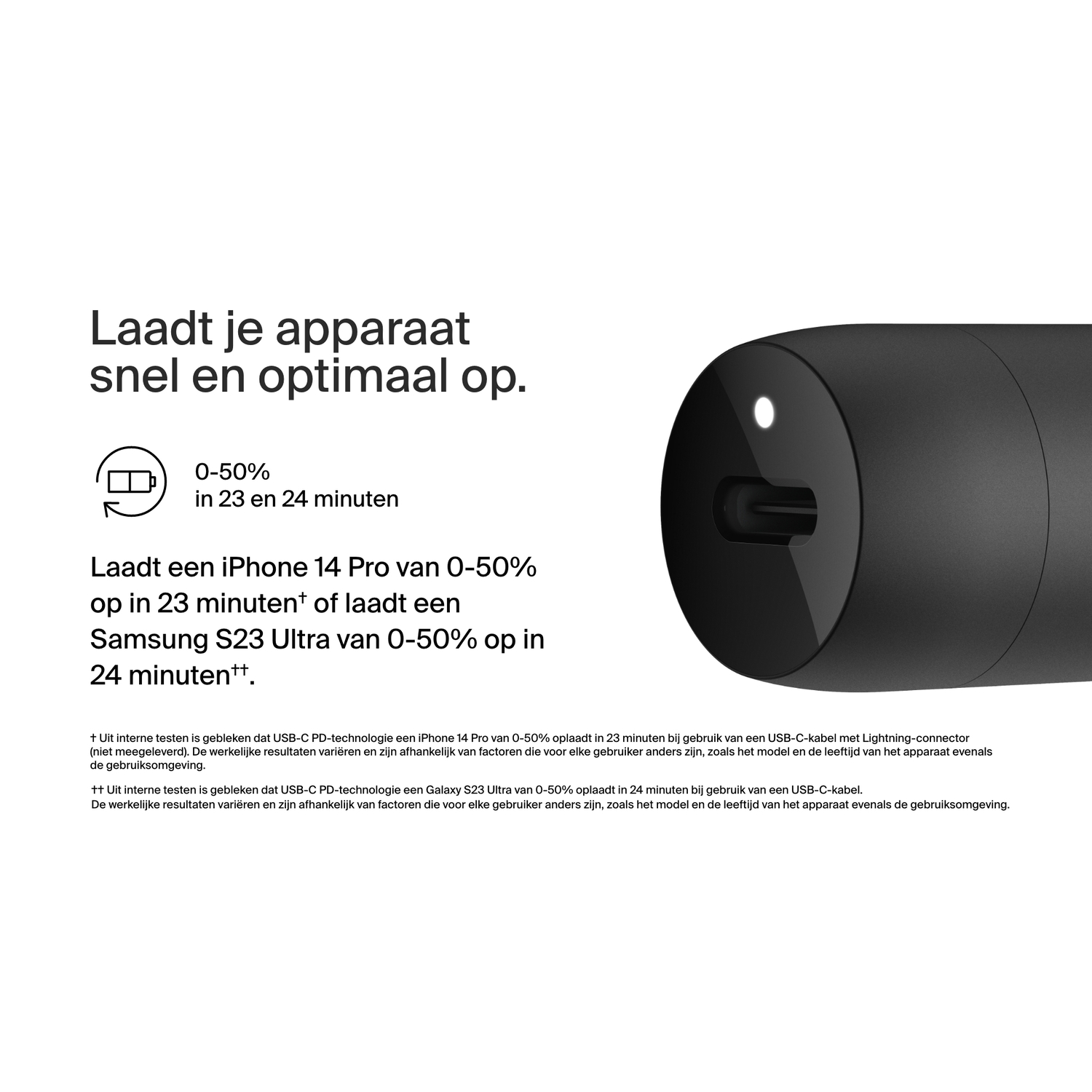 Zwarte oplaadkabel met wit licht. Tekst: Laadt iPhone 0-50% in 23 minuten, Samsung in 24.