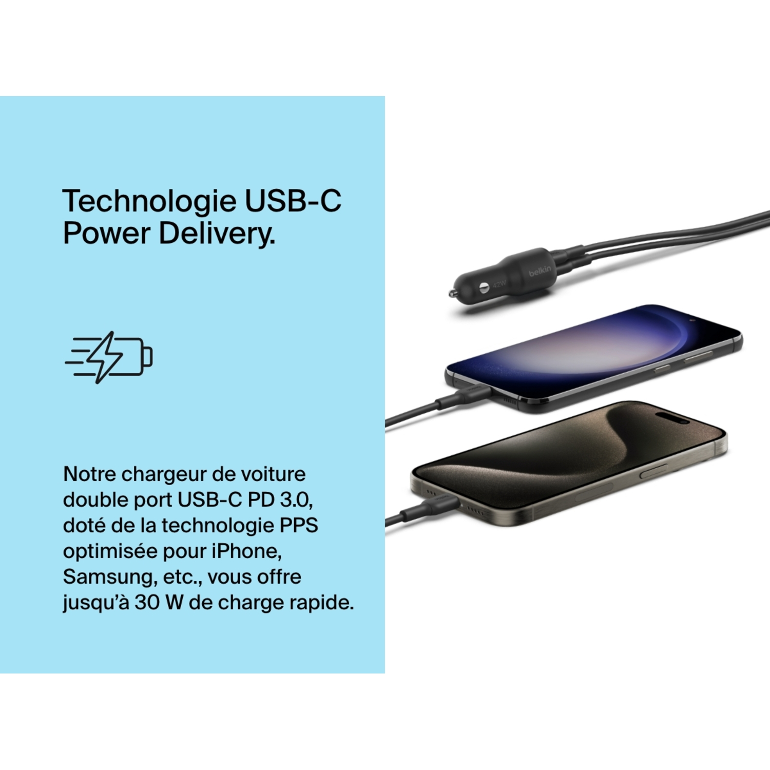Un chargeur de voiture noir avec deux câbles et deux téléphones en charge.
