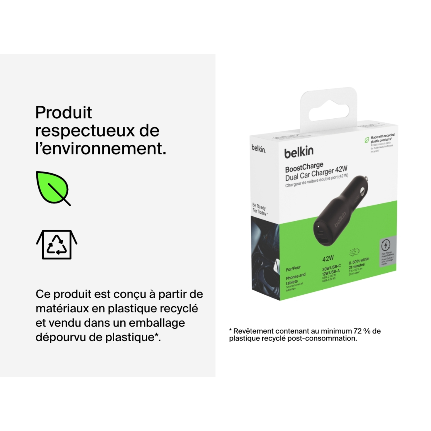 Emballage du chargeur de voiture Belkin. Matériaux recyclés, texte en français. Fond blanc.