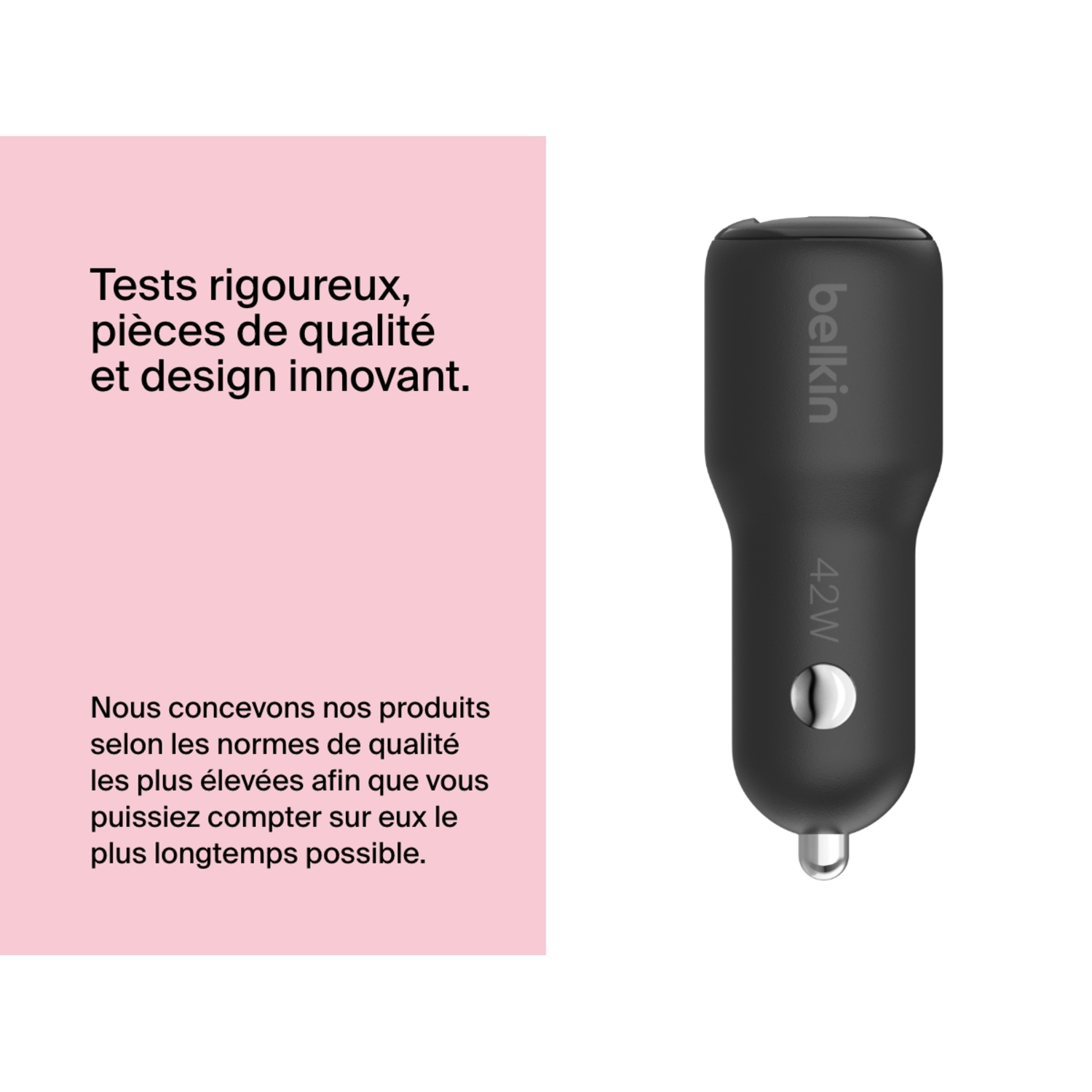 Chargeur de voiture noir avec texte, Belkin et 42W. Zone de texte rose avec description.