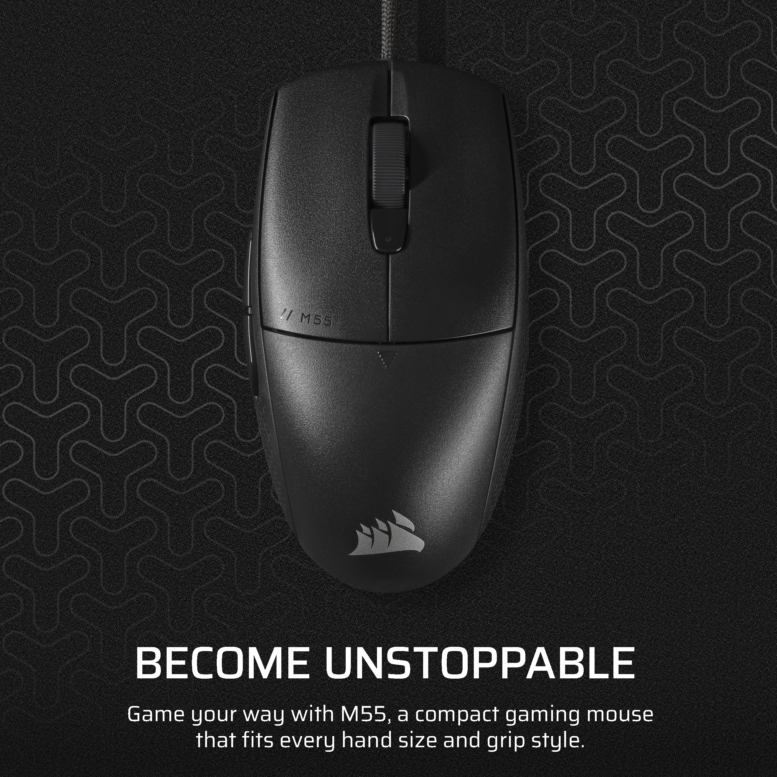 Schwarze Gaming-Maus mit Text 'Become Unstoppable'.