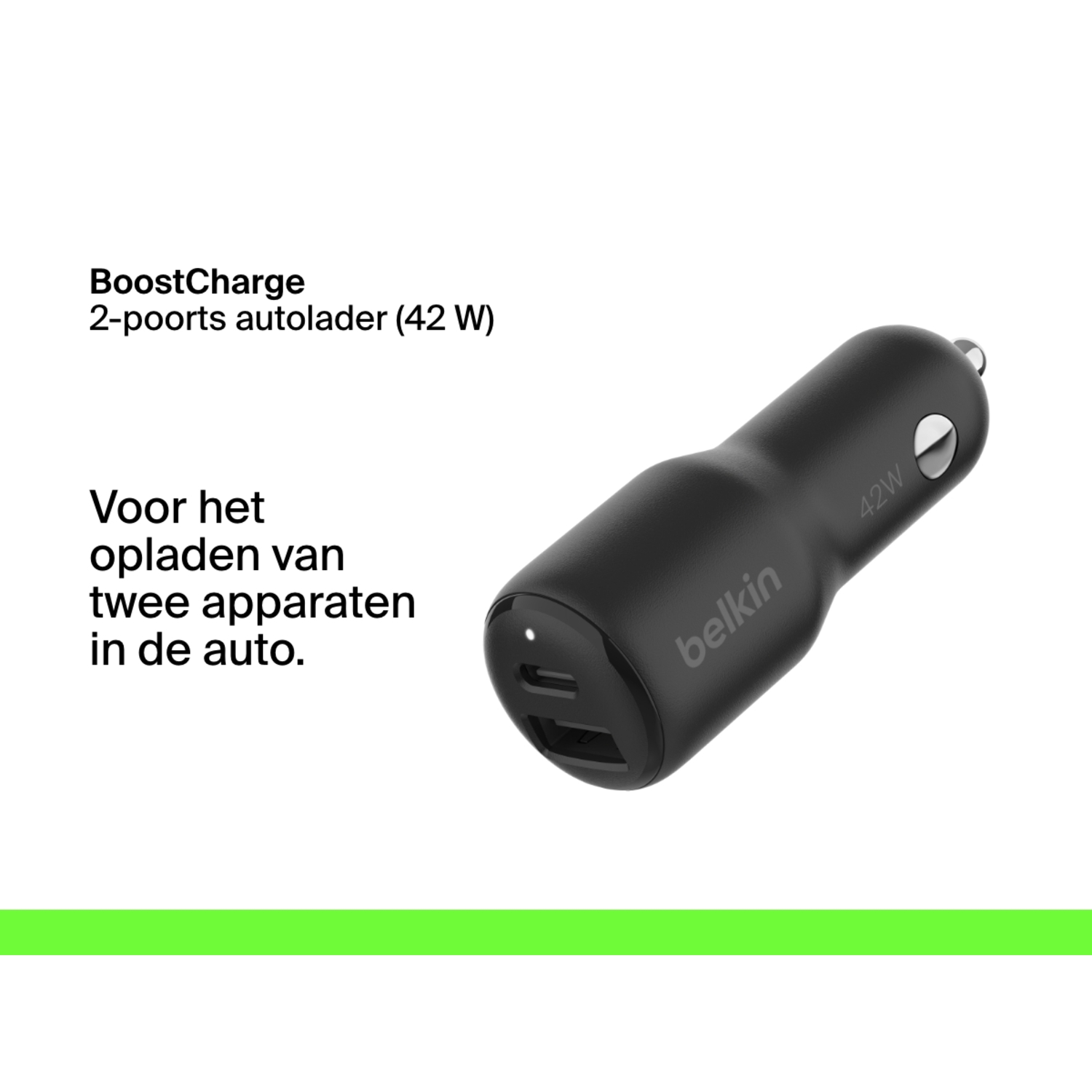 Zwarte autolader met twee poorten. Tekst luidt 'BoostCharge' en '42W'.